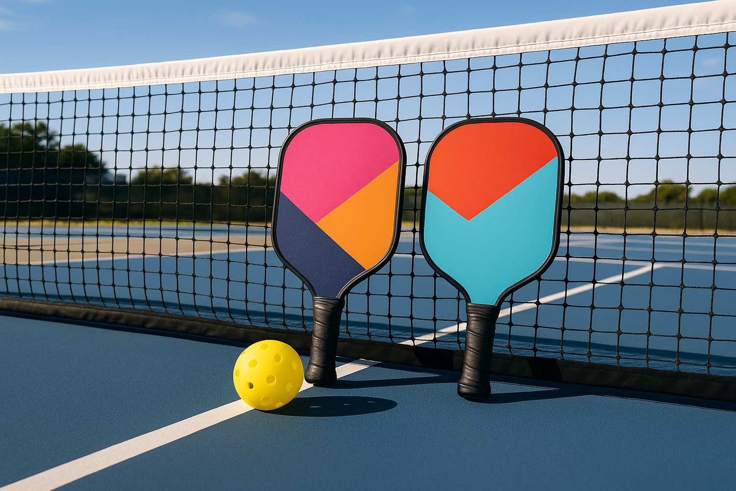 2 pickleball paddles and a pickleball next to the pickleball net on a pickleball court.  sunny environment